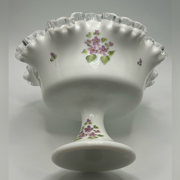 Vintage Fenton Silver Crest "Violets in the Snow" HandPainted Milk Glass Compote - Picture 2 of 11